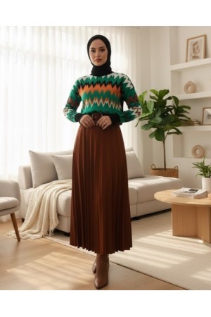 Tokalı Kemerli Pileli Kışlık Kadife Tesettür Etek    -A. Kiremit