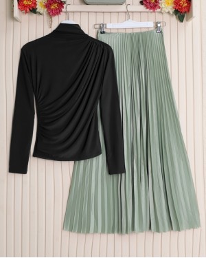 Yarım Boğaz Büzgülü Sandy Bluz -Siyah