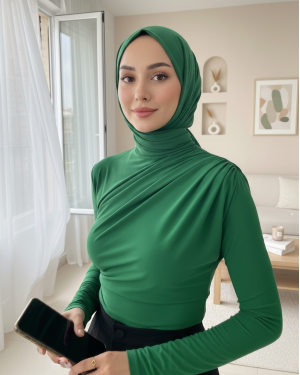 Half Neck Pleated Sandy Blouse -Green