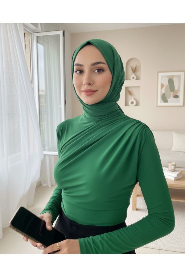 Yarım Boğaz Büzgülü Sandy Bluz -Yeşil