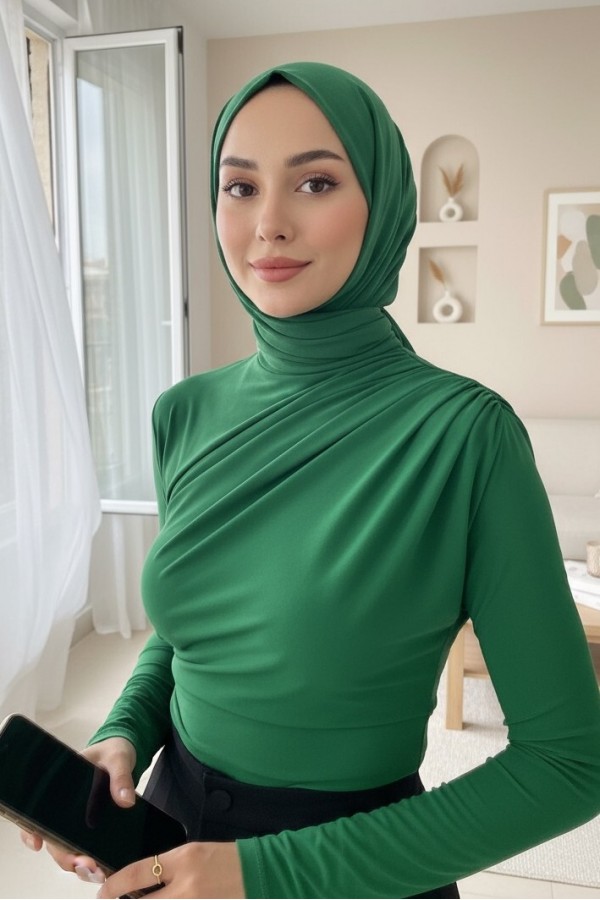 Half Neck Pleated Sandy Blouse -Green