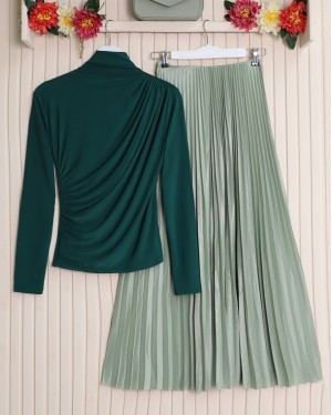 Yarım Boğaz Büzgülü Sandy Bluz -Zümrüt