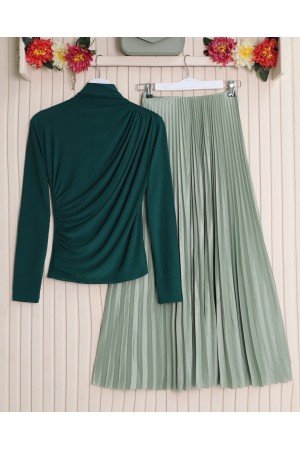 Yarım Boğaz Büzgülü Sandy Bluz -Zümrüt