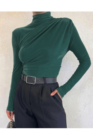 Yarım Boğaz Büzgülü Sandy Bluz -Zümrüt