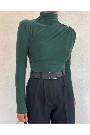 Yarım Boğaz Büzgülü Sandy Bluz -Zümrüt