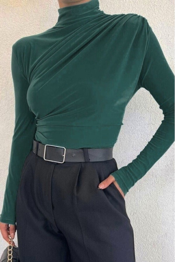 Half Neck Pleated Sandy Blouse -Emerald