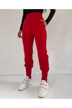 Elastic Waist Scuba Trousers with Stitched Legs and Pockets -Red