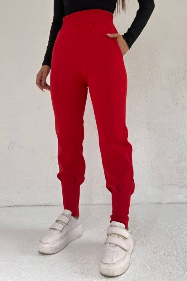 Beli Lastikli Paçası Dikişli Cepli Scuba Pantolon -Kırmızı