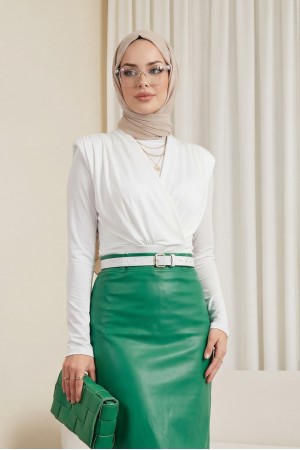 Vatkalı Kruvaze Model Sandy Bluz -Beyaz