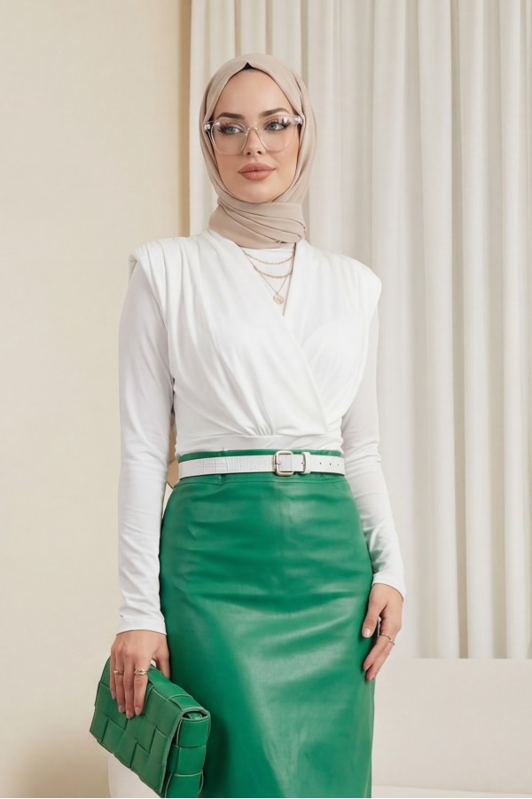Vatkalı Kruvaze Model Sandy Bluz -Beyaz