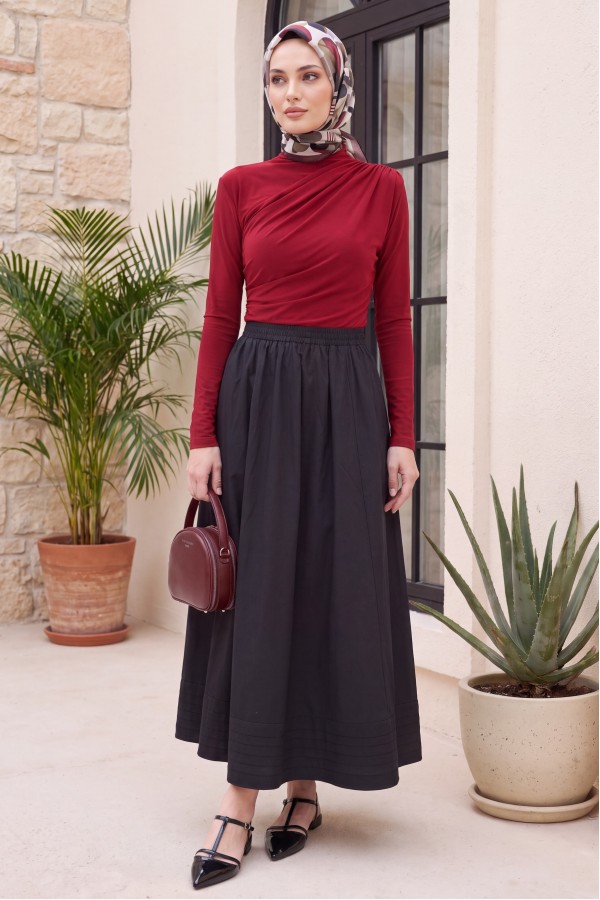 Yarım Boğaz Büzgülü Sandy Bluz  -Bordo