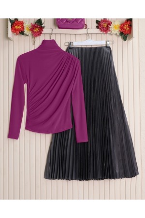 بلوزة ساندي بطيات نصف ياقة  -فوشيا