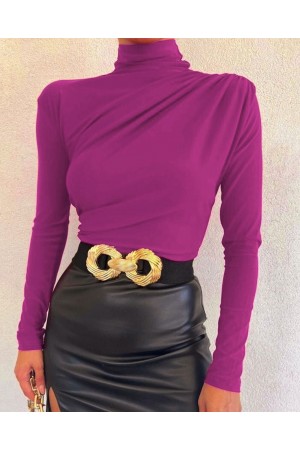 بلوزة ساندي بطيات نصف ياقة  -فوشيا