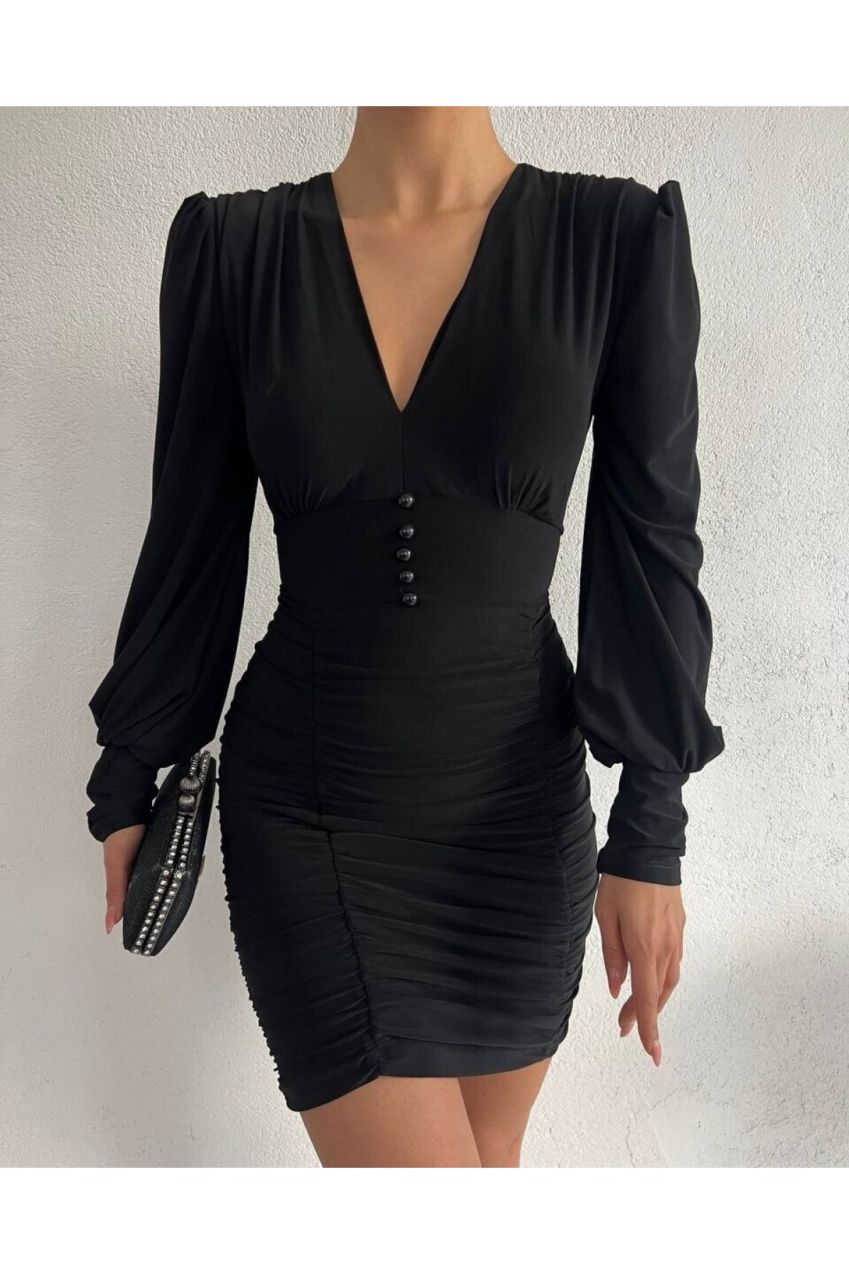 V-Neck Sandy Mini Dress With Elastic Buttons -Black
