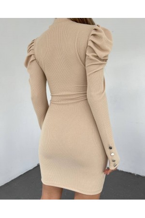 فستان الأميرة بأكمام الكتف وأزرار  -اللون البيج