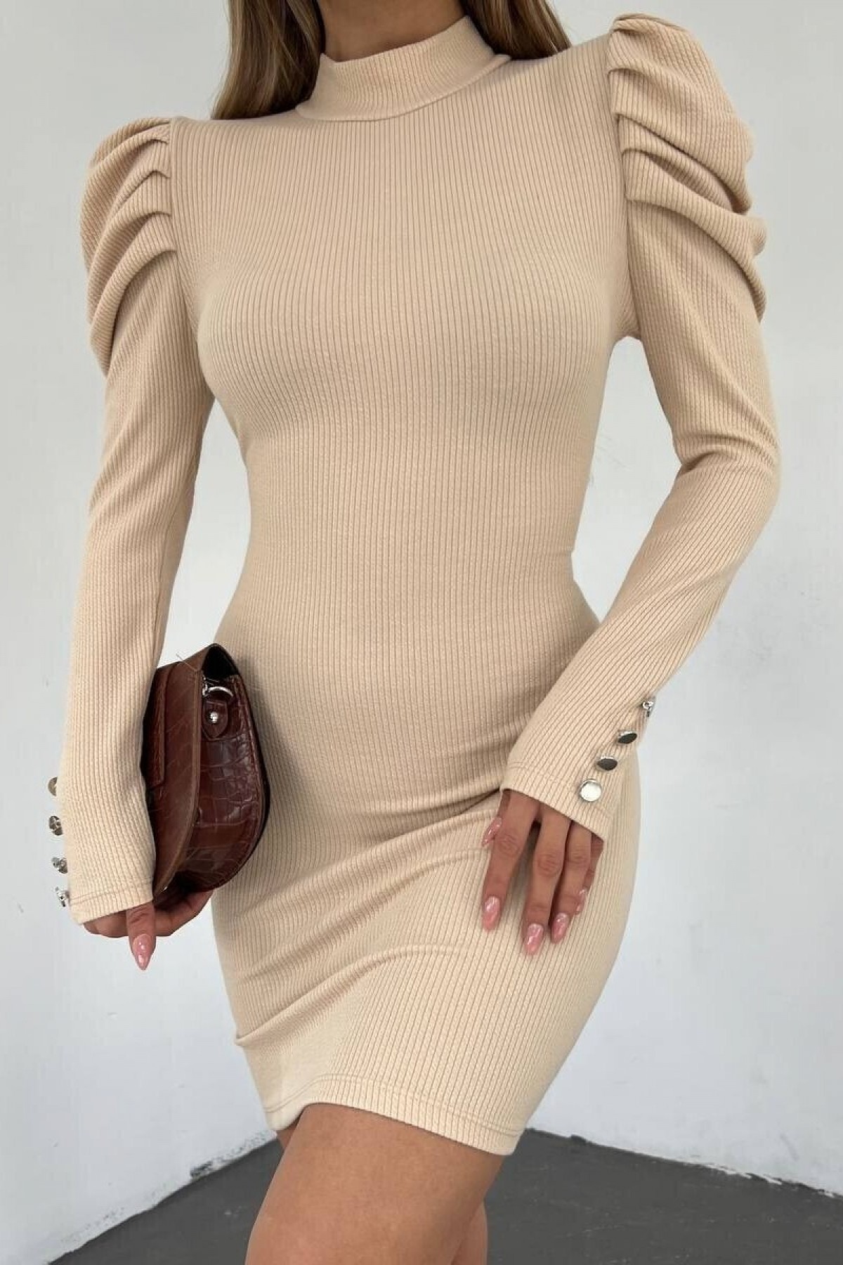 Princess Shoulder Sleeve End Buttoned Dress  - Beige