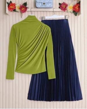 Half Neck Pleated Sandy Blouse   -Oil Green