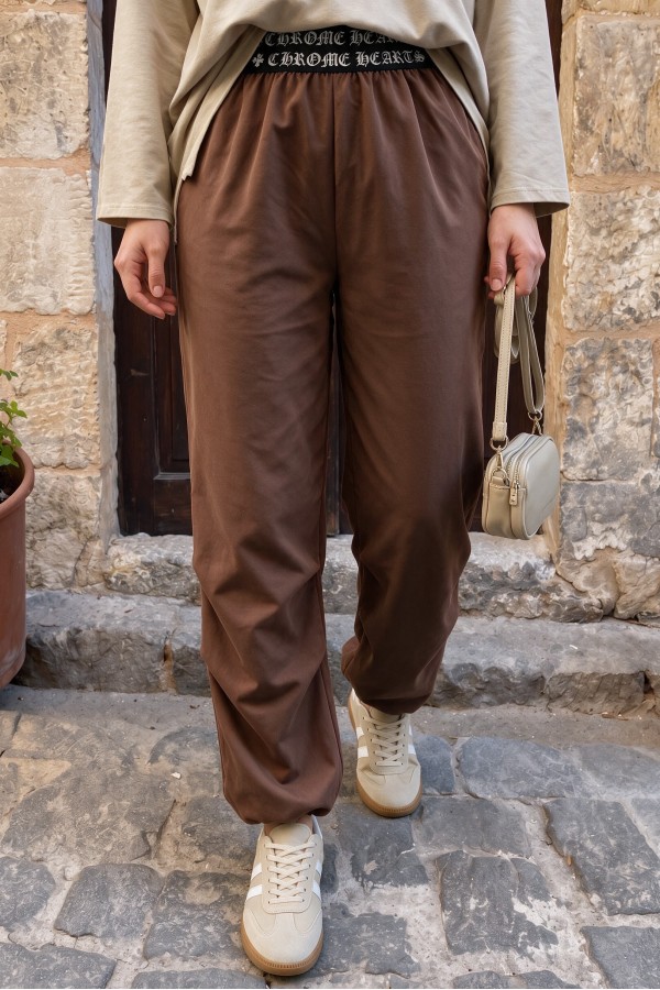 Beli Bantlı Paçası Lastikli Pantolon -Kahve