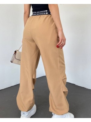 Beli Bantlı Paçası Lastikli Pantolon -Vizon