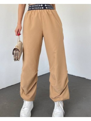 Beli Bantlı Paçası Lastikli Pantolon -Vizon