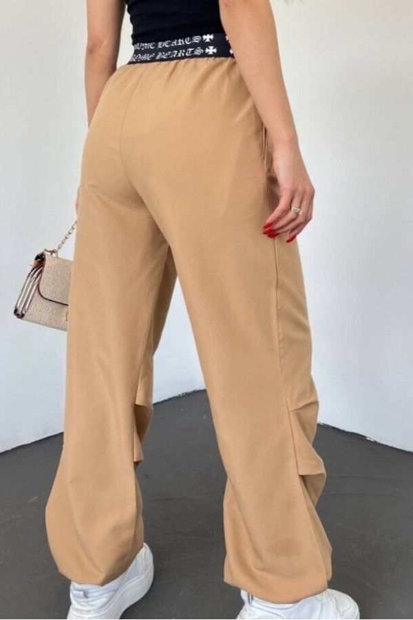 Beli Bantlı Paçası Lastikli Pantolon -Vizon