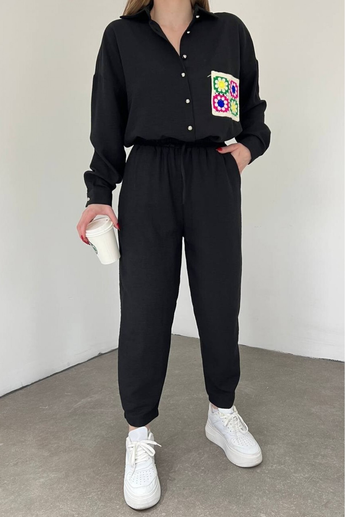 Pocket Colored Lacy Double Linen Set -Black