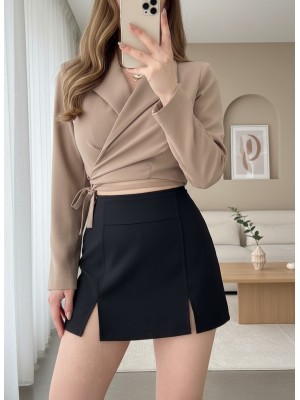 Sırt Dekolteli Beli Bağcıklı Crop Ceket -Vizon