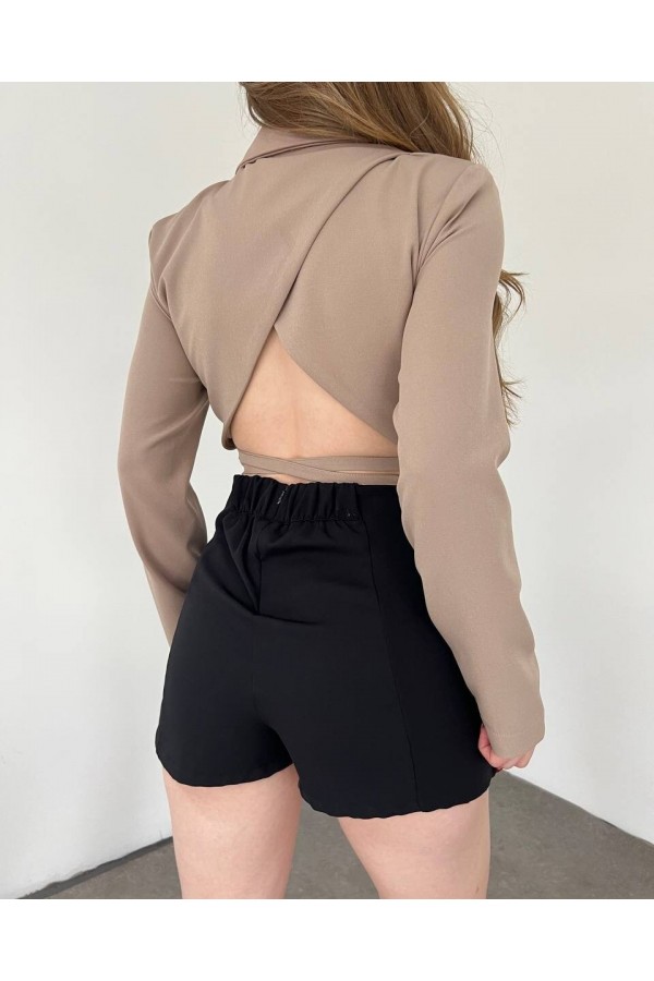 Sırt Dekolteli Beli Bağcıklı Crop Ceket -Vizon