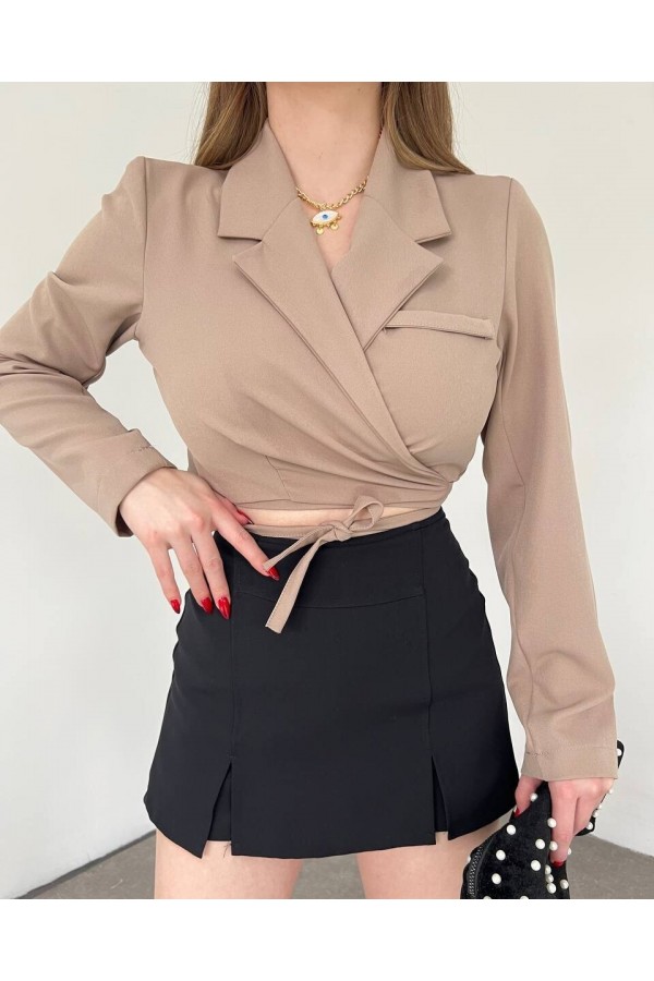 Sırt Dekolteli Beli Bağcıklı Crop Ceket -Vizon