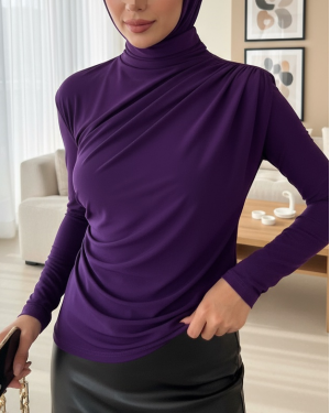 Half Neck Pleated Sandy Blouse      - Purple