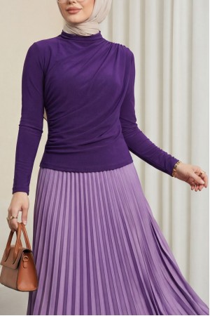 بلوزة ساندي بطيات نصف ياقة      -بنفسجي