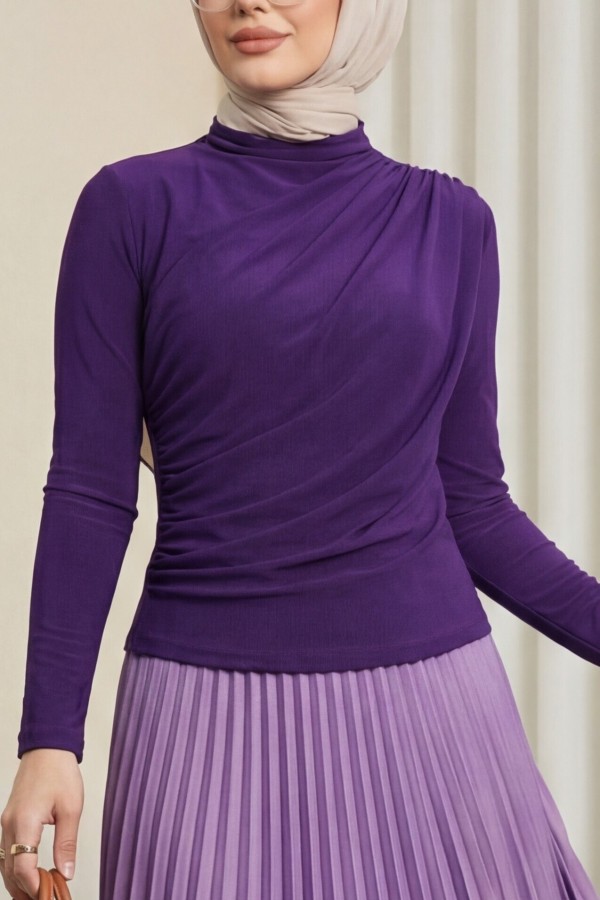 Half Neck Pleated Sandy Blouse      - Purple