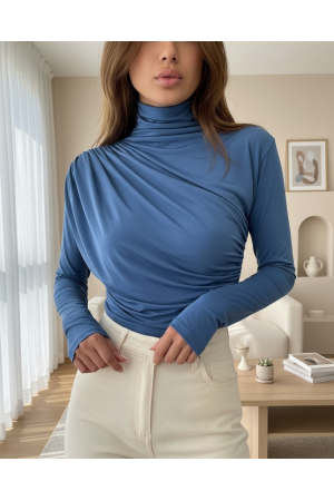 Yarım Boğaz Büzgülü Sandy Bluz        -İndigo