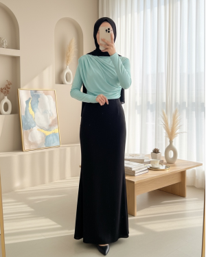 Yarım Boğaz Büzgülü Sandy Bluz         -Mint