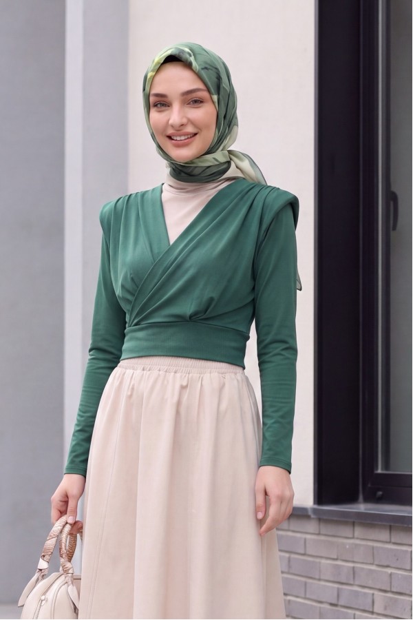 Vatkalı Kruvaze Model Sandy Bluz   -Zümrüt