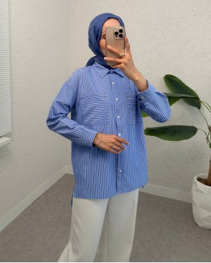 Punctuated Striped Shirt -Blue