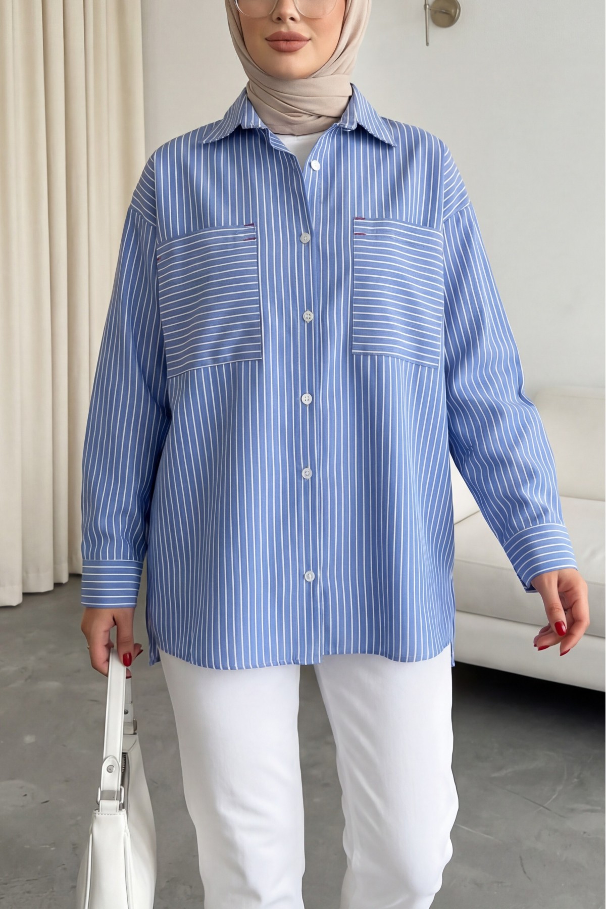 Punctuated Striped Shirt -Blue