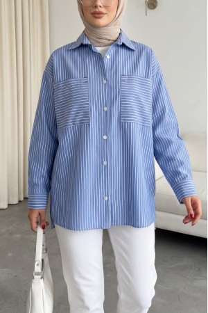 Puntalı Çizgili Gömlek -Mavi