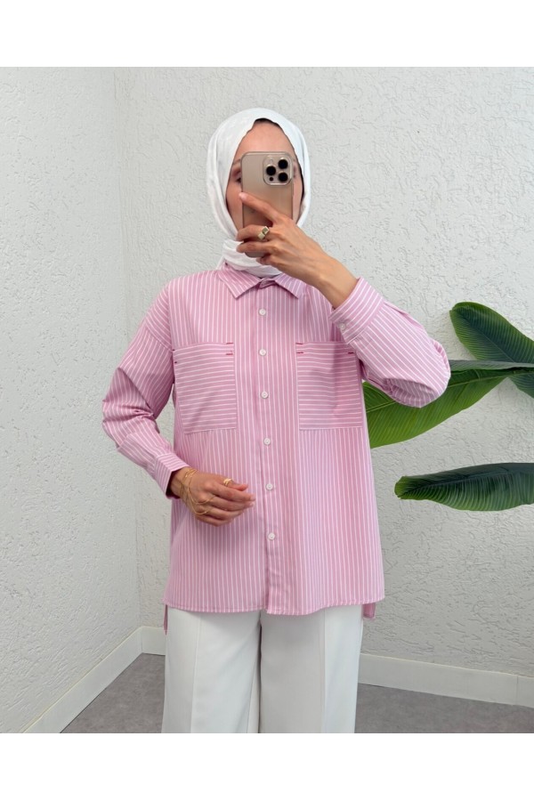 Puntalı Çizgili Gömlek -Pembe