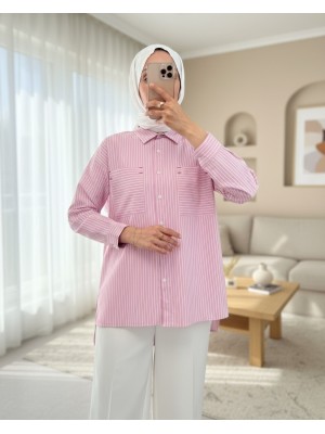 Puntalı Çizgili Gömlek -Pembe