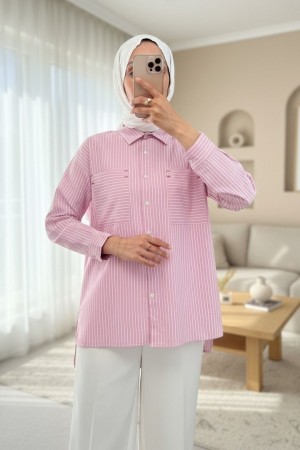 Puntalı Çizgili Gömlek -Pembe