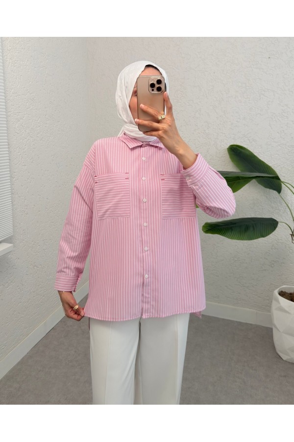 Puntalı Çizgili Gömlek -Pembe