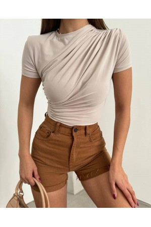 Çapraz Büzgülü Kısa Kol Sandy Bluz -Bej