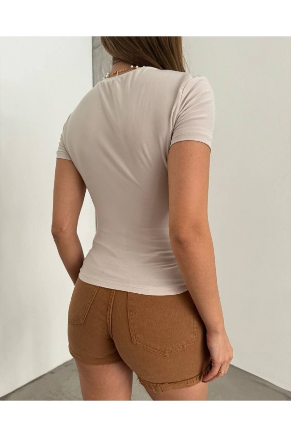 Cross Gathered Short Sleeve Sandy Blouse - Beige
