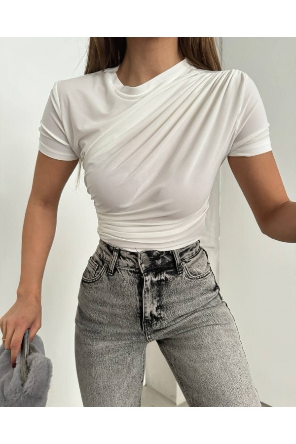 Cross Gathered Short Sleeve Sandy Blouse -White