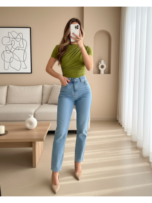 Çapraz Büzgülü Kısa Kol Sandy Bluz -Yağ Yeşili