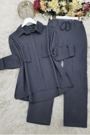 بدلة كتان مزدوجة مع جيب منفاخ -أنثراسايت