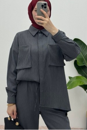بدلة كتان مزدوجة مع جيب منفاخ -أنثراسايت