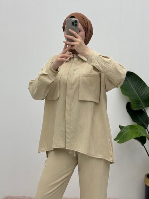 Körüklü Cepli İkili Keten Takım  -Bej