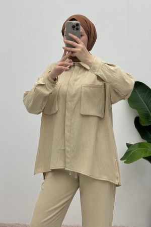 بدلة كتان مزدوجة مع جيب منفاخ  -اللون البيج